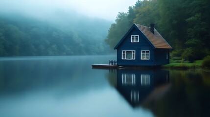 Fototapeta premium A blue house sits on a lake with a dock in front of it