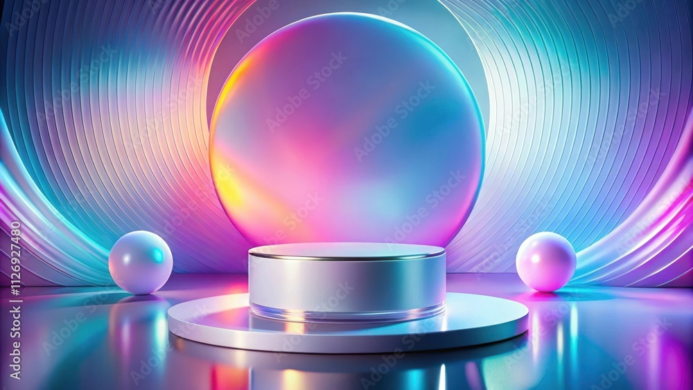 Poster a white pedestal sits on a platform bathed in the glow of a vibrant sphere, surrounded by iridescent