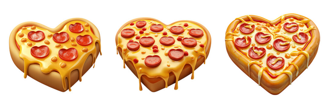 Heart-shaped pizza with pepperoni hearts, melted cheese dripping, and a golden crust 3D illustration isolated on white and transparent background