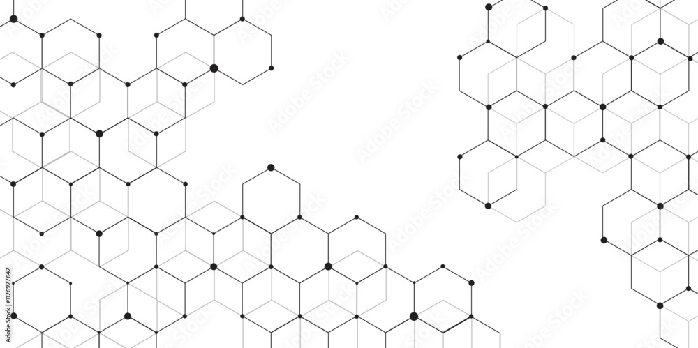 Poster Molecular structure abstract tech background. Geometric white background. Vector banner design with hexagons. Science network pattern, connecting lines and dots Medical background, Vector illustration