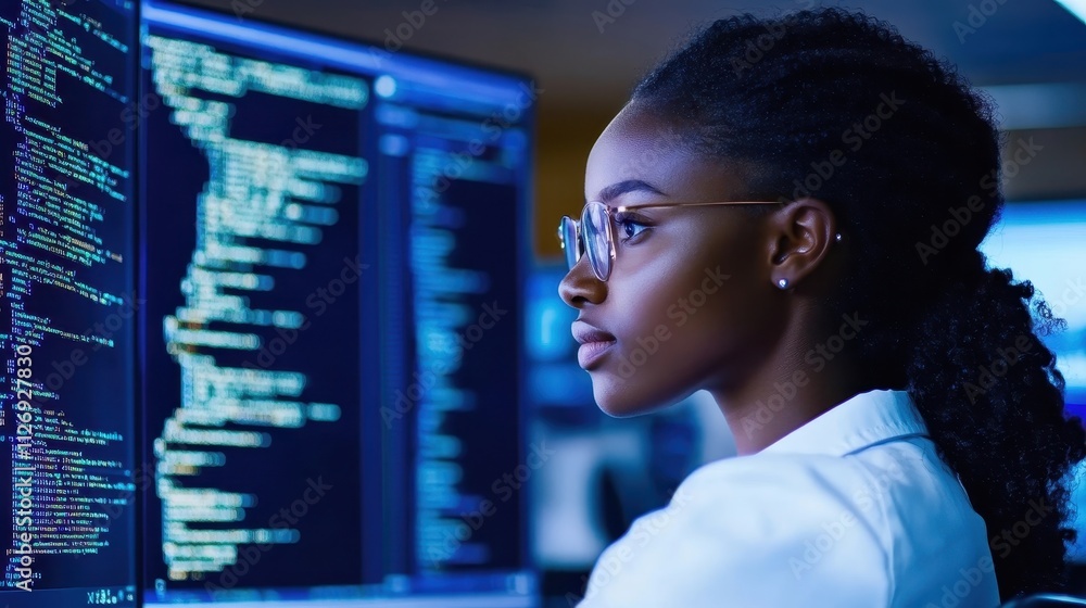 Poster young woman studying coding and programming online for skill acquisition and career empowerment