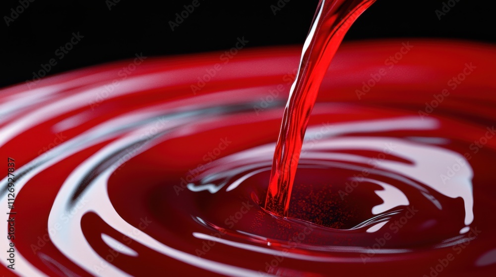 Poster flowing red liquid creating ripples on a dark background surface