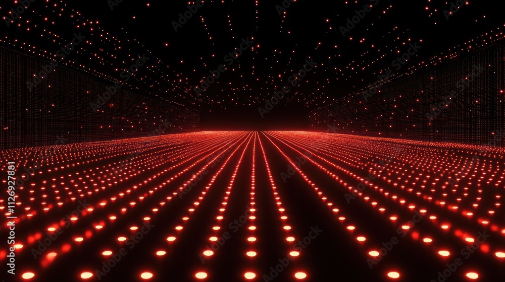 Poster a digital landscape with red dots creating a perspective illusion in a dark space.