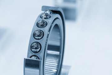Close up scene cutaway the ball bearing parts in the light blue scene.