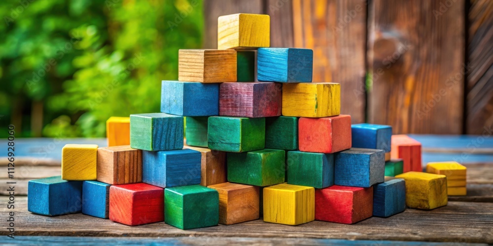 Poster a colorful stack of wooden blocks arranged in a pyramid shape, creating a visual representation of b