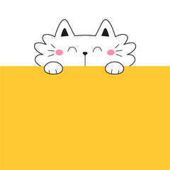 Cat holding table paper banner. Smiling head face. Hands paw. Kawaii animal. Cute cartoon kitty character. Contour silhouette. Funny baby kitten. Love card. Flat design. Yellow background. Vector