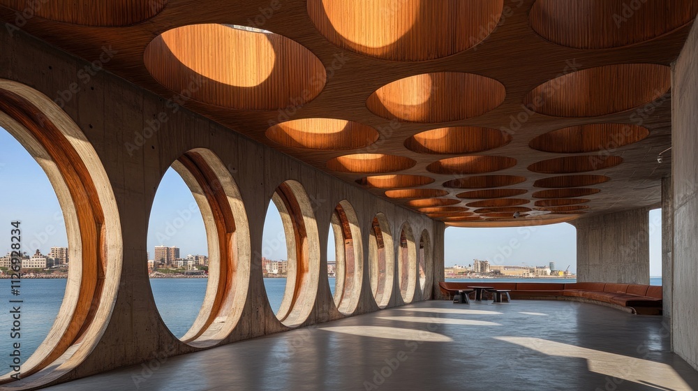 Poster modern architectural space with circular windows overlooking a waterfront view.