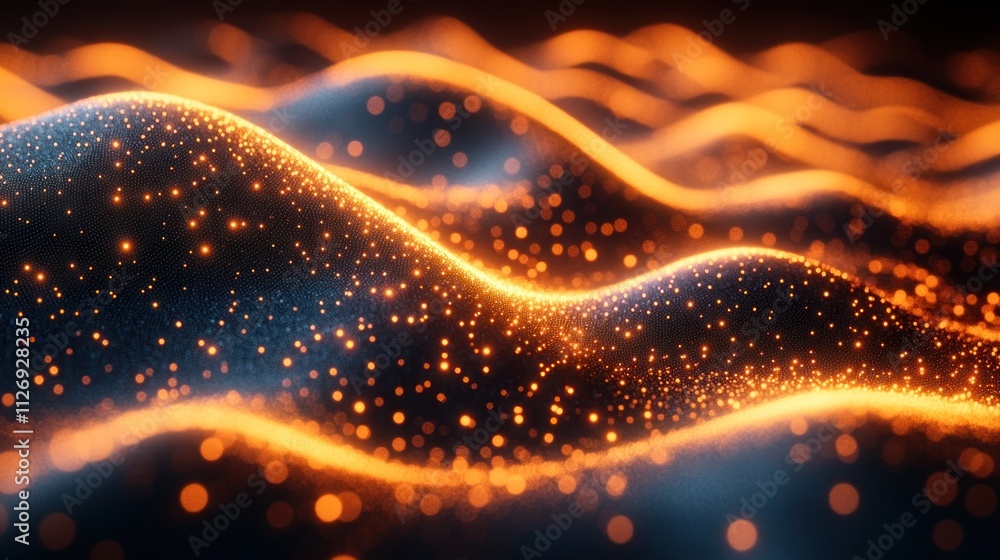 Poster abstract waves with glowing particles and depth.