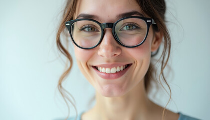 Fototapeta premium A smiling woman with brown wavy hair wearing black rimmed glasses.