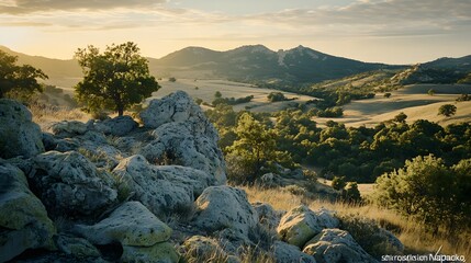 Golden Hour Mountain Landscape With Rolling Hills And Trees