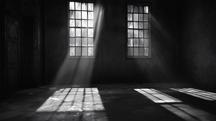 Sunbeams Illuminate Dark Room Through Old Windows