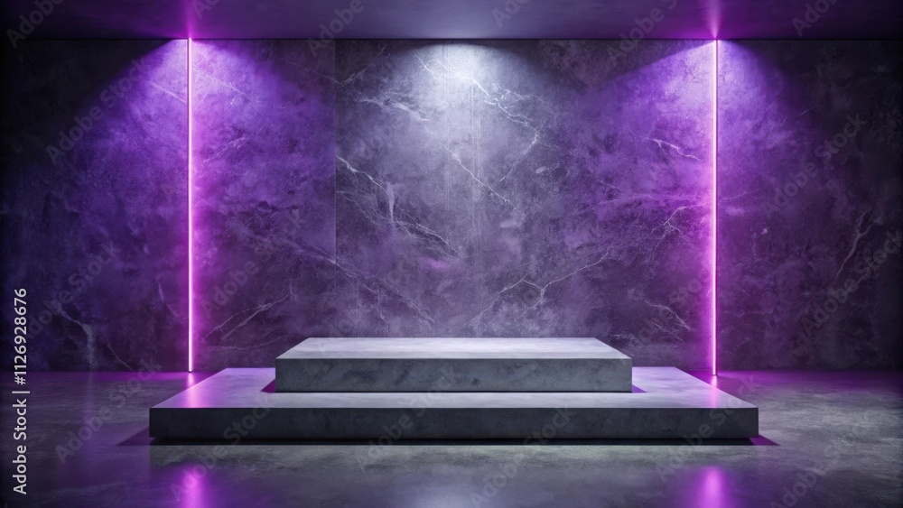 Poster concrete platform illuminated by vivid purple neon lights in a minimalist studio setting