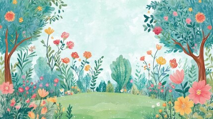 Fairy tale garden with trees and flowers for kids in watercolor style.