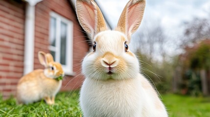 A fluffy white rabbit with floppy ears and bright eyes is sitting in front of a quaint, red brick house, with another rabbit visible in the background nibbling on some fresh green grass.