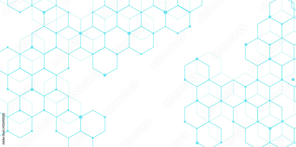 Poster Molecular structure abstract tech background. Geometric blue background. Vector banner design with hexagons. Science network pattern, connecting lines and dots Medical background, Vector illustration	