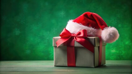 A festive Christmas gift box with a bright red bow and a Santa hat resting on top, all against a snowy green backdrop.