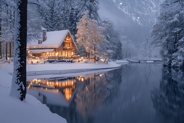 Fototapeta premium Snowy winter landscape with a cozy house by the river in a forest, atmospheric and cinematic night scene with snow, reflection, and fantasy-inspired airbrush art style.