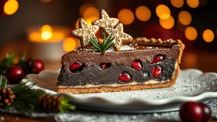 A decadent chocolate tart with pomegranate seeds, adorned with star-shaped cookies and a sprig of evergreen, sits on a plate dusted with powdered sugar, creating a festive holiday dessert.