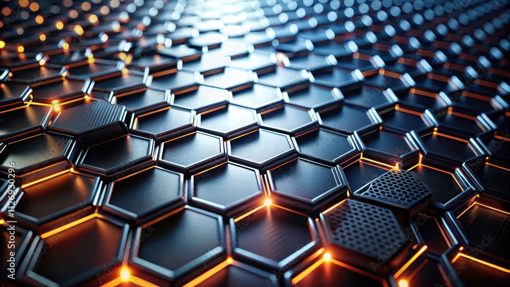 Poster a futuristic abstract pattern of interlocking hexagons with glowing orange edging