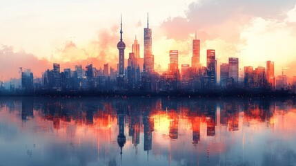 Naklejka premium City skyline at sunset reflected in water.