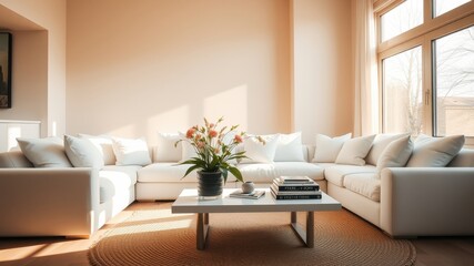 Fototapeta premium Sunlight illuminates a modern sectional sofa and coffee table arrangement