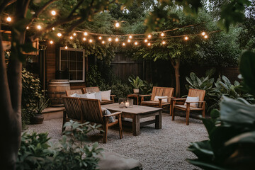Obraz premium Rustic outdoor patio with string lights, wooden furniture, and Southern greenery for a cozy, modern evening setup