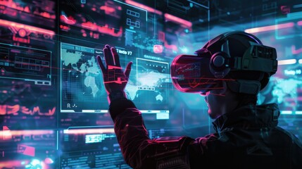 Person in VR headset interacts with digital global data