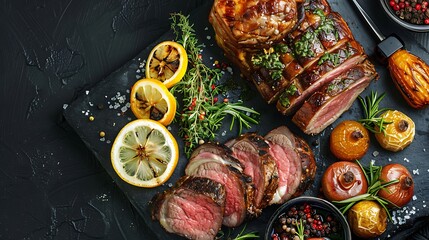 Various delectable roasts accompanied by slices of lemon on the black surface