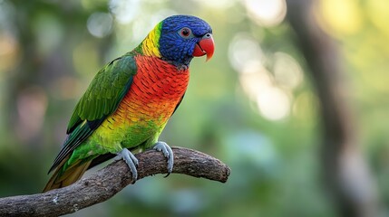 Fototapeta premium stock photo of brightly colored exotic bird perched on tree branch in tropical forest