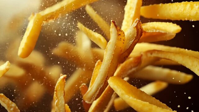 Close up of crispy golden French fries. Sliced of tasty delicious yellow fried potatoes closeup. Unhealthy fast junk food background.
