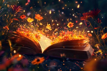Magical glowing flowers bursting from open book.