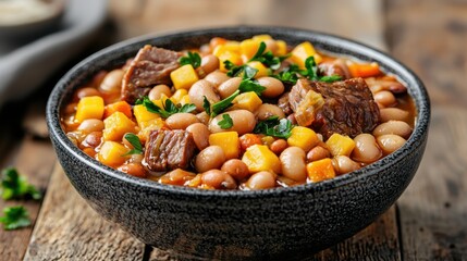 Garbure is a hearty stew made with a variety of meats, vegetables, and beans, typically cooked slowly to develop rich flavors and a thick, satisfying texture.