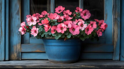 A blue vase with pink flowers sits on a wooden window sill