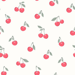 Vector illustration. Seamless cherry pattern on a light background. Fruit summer design for fabrics, wallpapers, textiles, wrapping paper, summer background, fruit harvest
