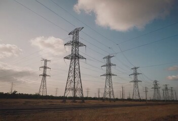 Fototapeta premium There exists a large field filled with numerous power lines and tall silos