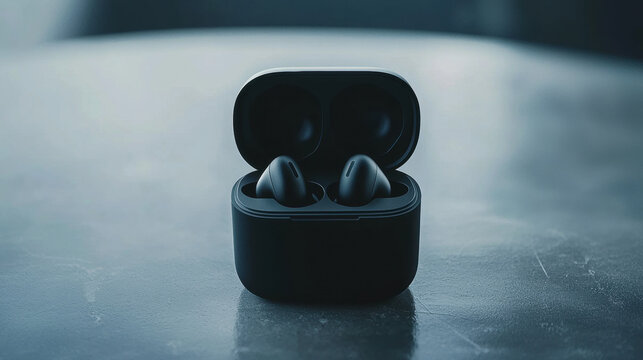 Modern wireless earbuds in a sleek black design placed inside an open charging case, minimalistic presentation on a smooth gray surface, futuristic and clean look