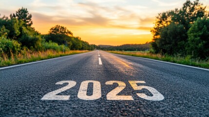 Inspiring Scenic Road Leading Towards a Bright Future in 2025 with Beautiful Sunset and Nature on the Sides