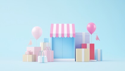 Illustrated Graphic Showing the Buying Process with Shopping Bags, Gifts, and Balloons in a Colorful Setting