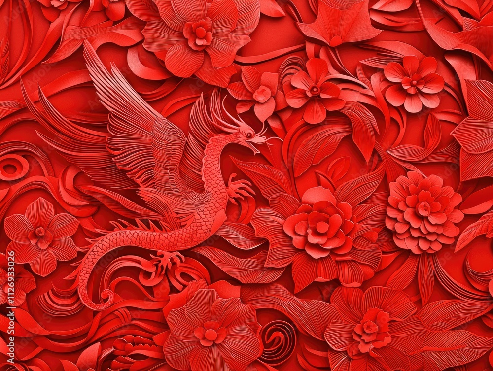 Poster intricate red dragon and floral design embossed on vivid background with detailed textures and patte