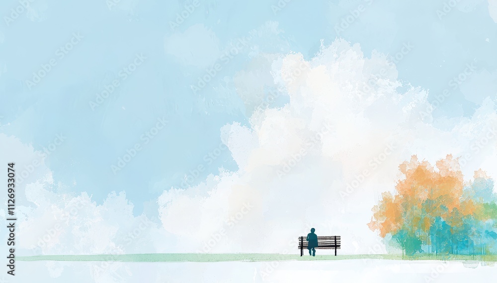 Poster solitary figure sitting calmly on a park bench surrounded by soft clouds and vibrant trees in a tran