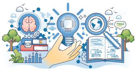 AI literacy involves understanding AI through symbols like a brain, light bulb, and magnifying glass. Outline hands concept