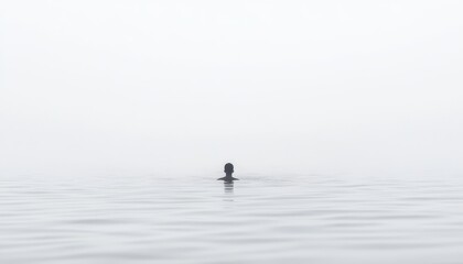 Fototapeta premium A solitary swimmer in the vast, misty ocean, embodying tranquility and isolation amidst endless waters