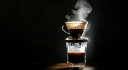 Aromatic pour- coffee brewing in glass cup with steam