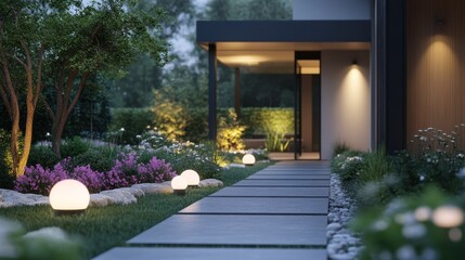 Obraz premium Serene pathway with modern lighting and lush garden design.