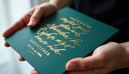 Elegant green invitation with gold foil lettering  announcing a Christmas event.