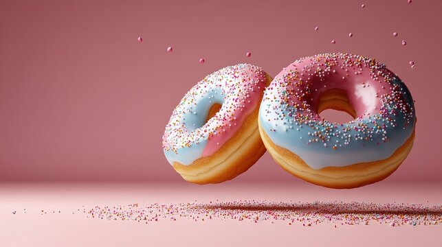 Colorful levitating donuts with sprinkles on a vibrant pink background
