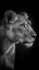 A striking black and white profile of a lioness, showcasing its majestic features and gaze.