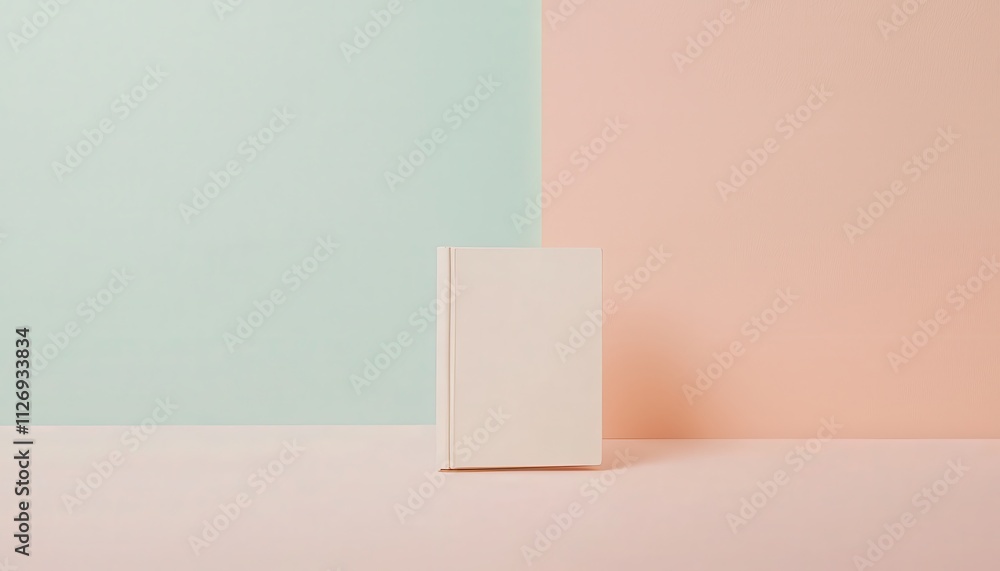 Poster minimalist flat lay of a single book positioned on a large empty surface with pastel background colo