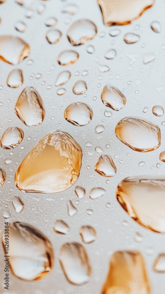 Poster close-up of clear water droplets on a smooth surface with a subtle brown tint and soft reflection be