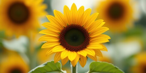 Obraz premium A vibrant yellow sunflower in sharp focus, surrounded by a soft-focus field of other sunflowers, bathed in warm sunlight